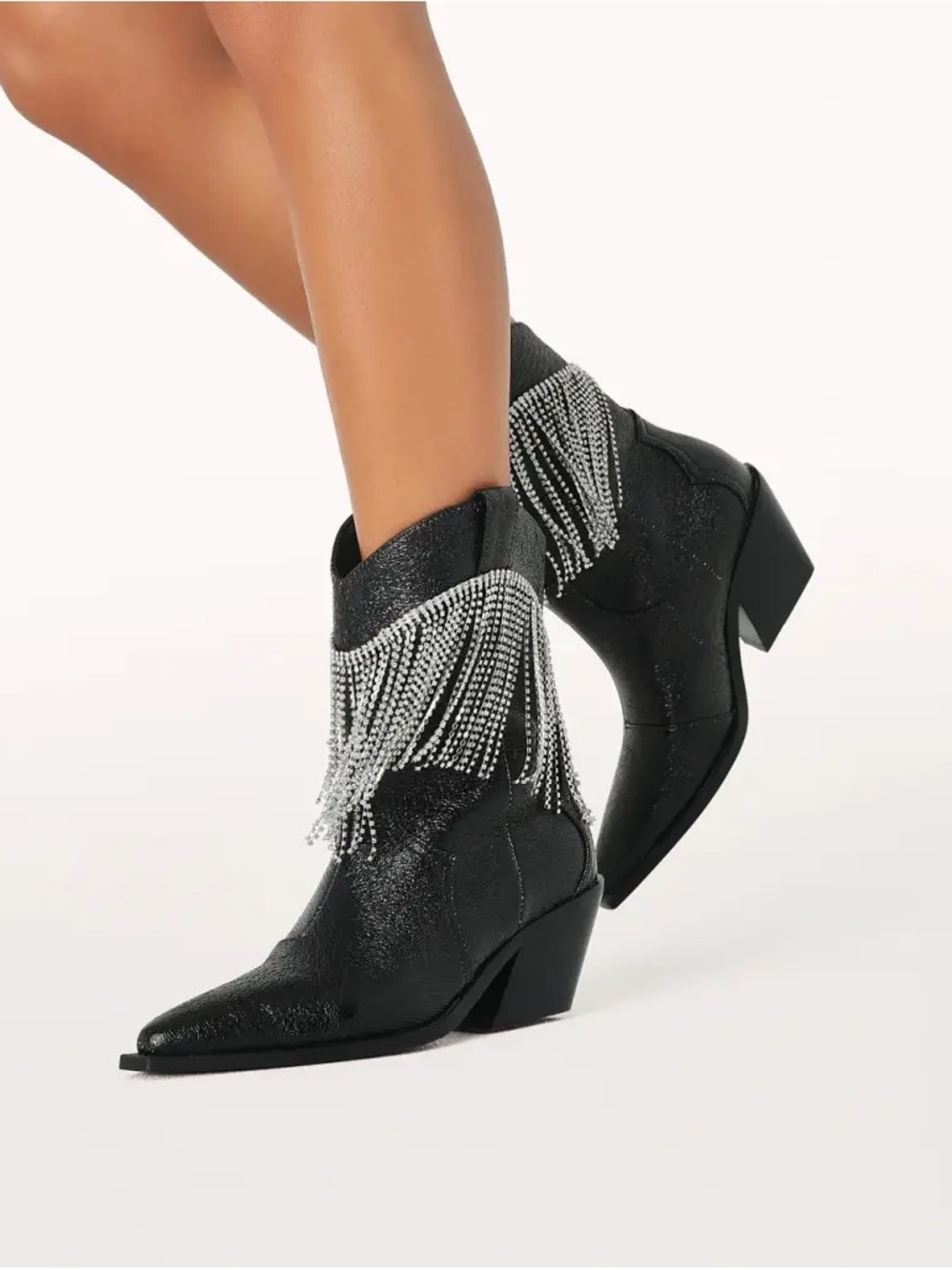 Free People x Billini Elton Black Western Ankle Boots with Crystal Fringe